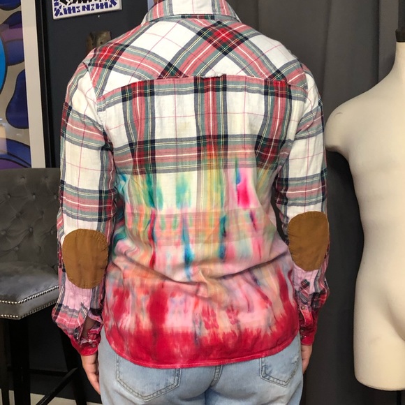 ❤️ L.O.G.G. By H&M dip-dyed tie-dyed plaid shirt 42 / 12 one of one - Picture 10 of 15